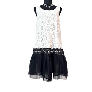 A'REVE ~ Off White/Creme/Black Lace and Tulle Detail Dress w/Back Tie Ribbon